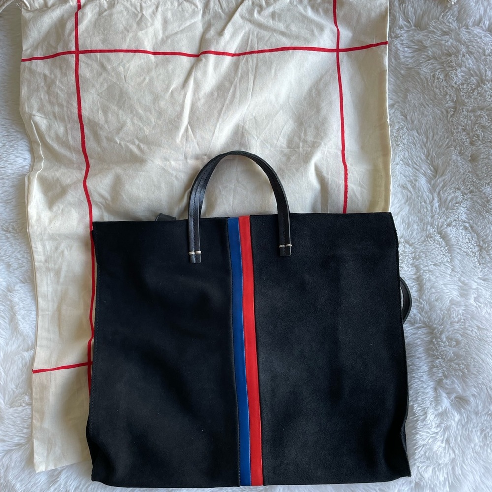 Clare V Simple Tote Black Suede with Stripes
